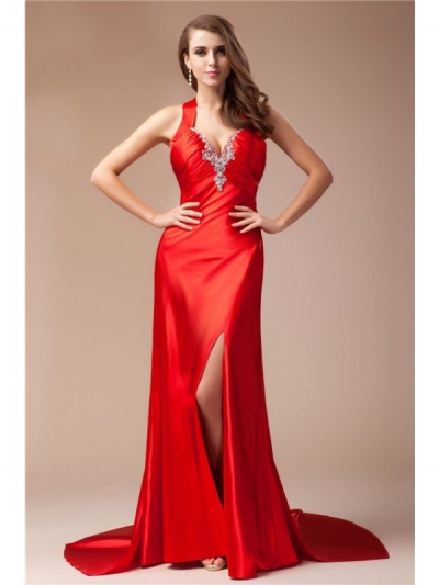 Sheath/Column V-neck Sleeveless Long Elastic Woven Satin Dresses [N13DDRESS13]