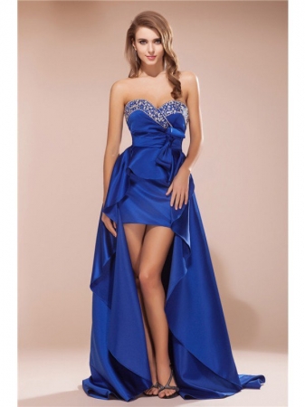 A-Line/Princess Sweetheart Rhinestone Sleeveless High Low Satin Dresses