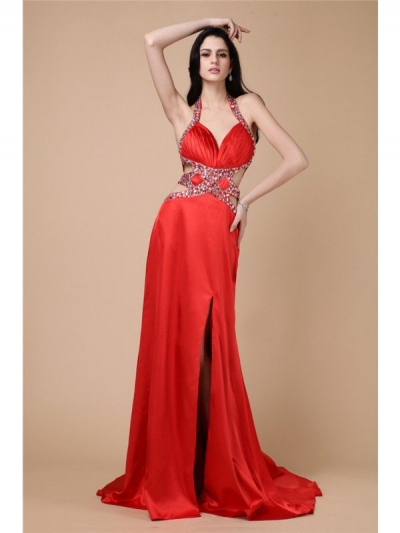 Sheath/Column Halter Sleeveless Beading Long Elastic Woven Satin Dresses [N13ZYDRESS260]