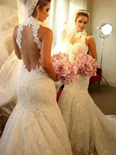 Trumpet/Mermaid High Neck Sleeveless Lace Court Train Wedding Dresses [PO16033PO537]