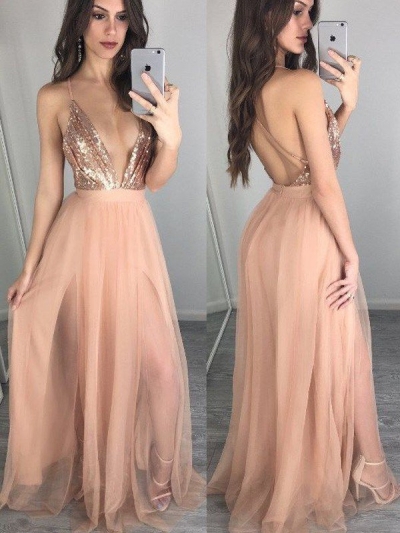 A-Line/Princess Sleeveless Spaghetti Straps Chiffon Floor-Length Sequin Dresses [PO16033PO557]