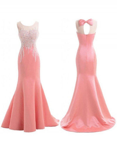 Trumpet/Mermaid Scoop Sleeveless Sweep/Brush Train Satin Beading Bridesmaid Dresses [PO16033PO624]