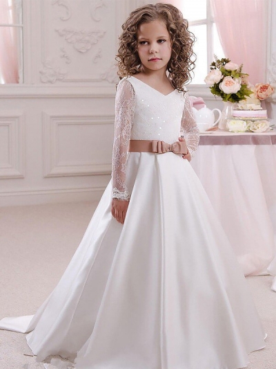 Ball Gown V-neck Long Sleeves Lace Floor-Length Satin Flower Girl Dresses [PO16033PO826]