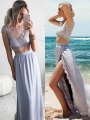 A-Line/Princess Jewel Sleeveless Satin Floor-Length Lace Two Piece Dresses