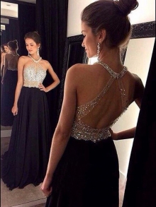 A-Line/Princess Sleeveless Halter Beading Chiffon Sweep/Brush Train Dresses