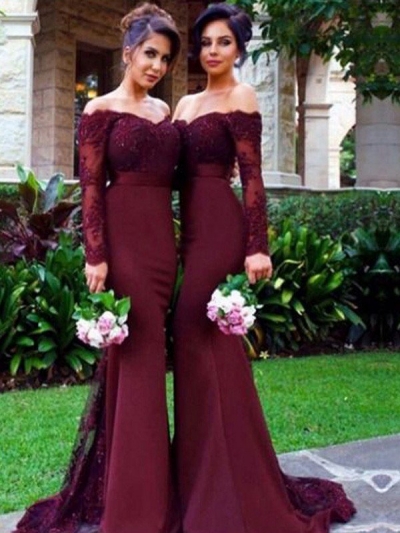 Trumpet/Mermaid Off-the-Shoulder Long Sleeves Satin Sweep/Brush Train Bridesmaid Dresses [PON1506EV726]