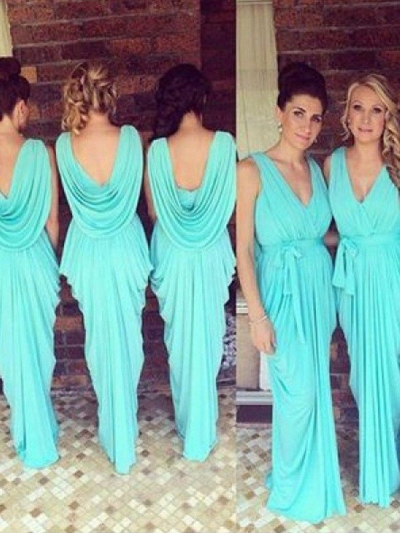 Sheath/Column V-neck Sleeveless Chiffon Ruched Floor-Length Bridesmaid Dresses [PON1506EV736]