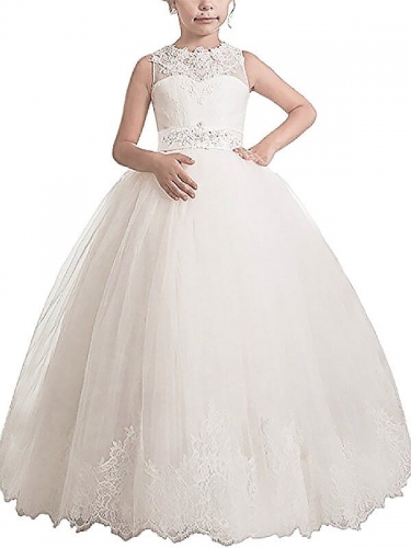 Ball Gown Sleeveless Scoop Sash/Ribbon/Belt Floor-Length Tulle Flower Girl Dresses