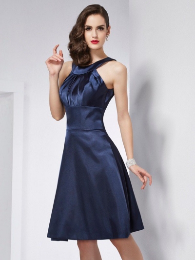 A-Line/Princess Scoop Sleeveless Pleats Short Elastic Woven Satin Bridesmaid Dresses [40336]