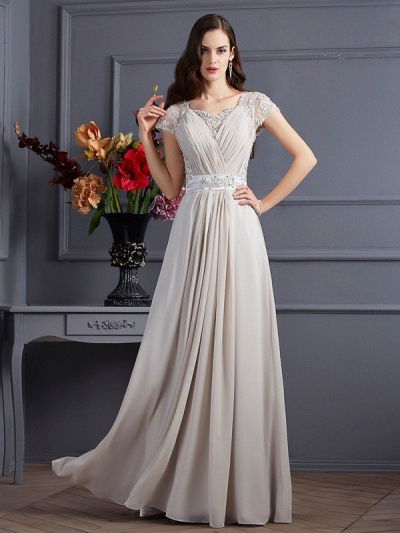 A-Line/Princess Sweetheart Short Sleeves Beading Long Chiffon Dresses [40415]