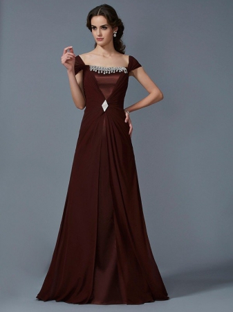 A-Line/Princess Strapless Short Sleeves Long Chiffon Dresses