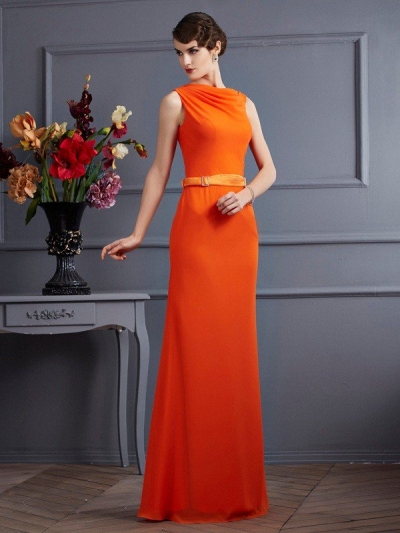 Sheath/Column High Neck Sleeveless Sash/Ribbon/Belt Long Chiffon Dresses [40478]