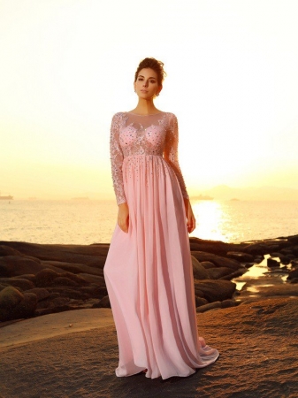 A-Line/Princess Bateau Beading Long Sleeves Long Chiffon Dresses