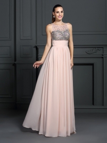 A-Line/Princess Bateau Beading Sleeveless Long Chiffon Dresses