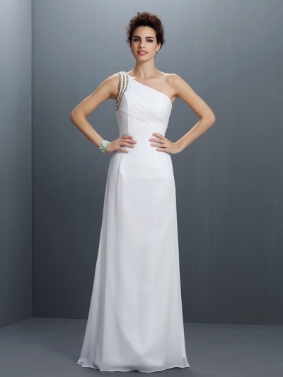 Sheath/Column One-Shoulder Beading Sleeveless Long Chiffon Dresses [50047]