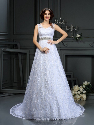 A-Line/Princess V-neck Lace Sleeveless Long Satin Wedding Dresses [50218]