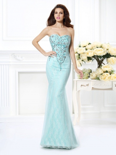 Trumpet/Mermaid Sweetheart Beading Lace Sleeveless Long Net Dresses [50242]