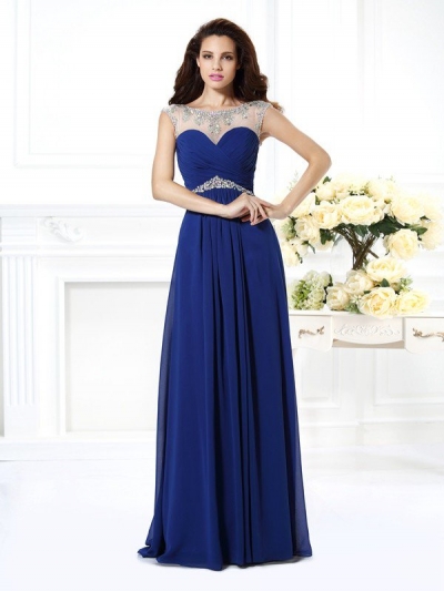 A-Line/Princess Bateau Beading Sleeveless Long Chiffon Dresses [50265]