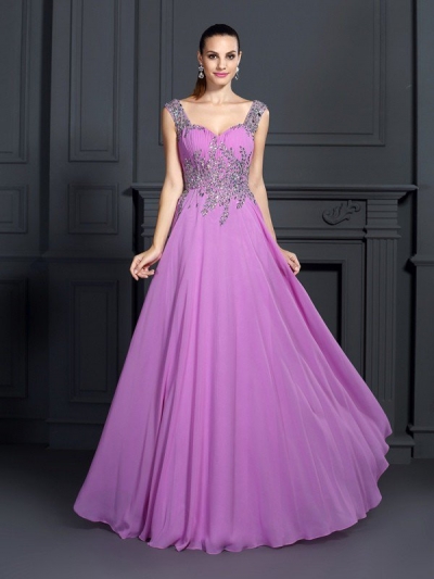 A-Line/Princess Straps Beading Sleeveless Long Chiffon Dresses [50311]