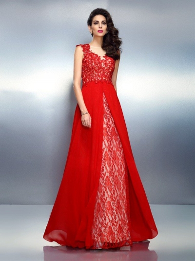 A-Line/Princess Bateau Applique Sleeveless Long Net Dresses [50776]