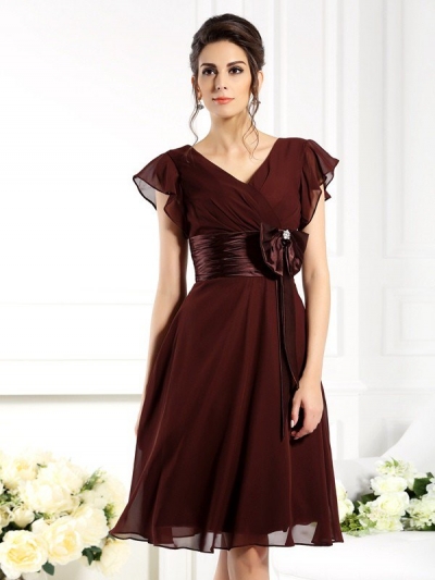 A-Line/Princess V-neck Bowknot Short Sleeves Short Chiffon Mother of the Bride Dresses [50871]