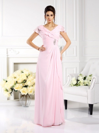 A-Line/Princess V-neck Ruffles Short Sleeves Long Chiffon Mother of the Bride Dresses [50943]