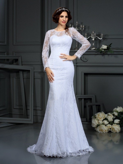 Sheath/Column Scoop Lace Long Sleeves Long Satin Wedding Dresses [51071]