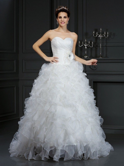 Ball Gown Sweetheart Hand-Made Flower Sleeveless Long Organza Wedding Dresses [51074]