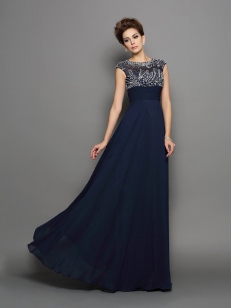 A-Line/Princess Scoop Beading Short Sleeves Long Chiffon Dresses