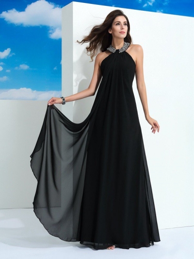 A-Line/Princess Halter Beading Sleeveless Long Chiffon Dresses [60060]