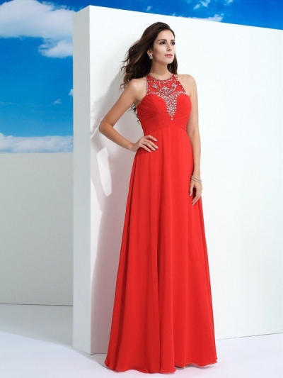 A-Line/Princess Sheer Neck Beading Sleeveless Long Chiffon Dresses [60120]