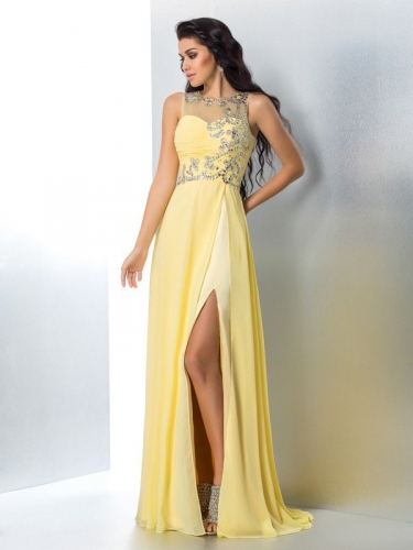 A-Line/Princess Sheer Neck Beading Sleeveless Long Chiffon Dresses