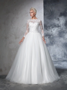 Ball Gown Bateau Lace Long Sleeves Long Net Wedding Dresses