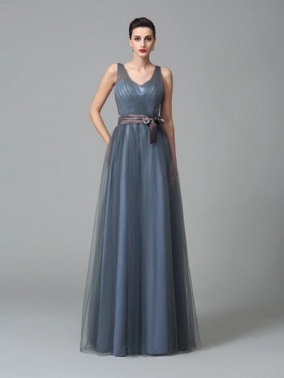 A-Line/Princess Straps Sash/Ribbon/Belt Sleeveless Long Net Bridesmaid Dresses [60260]