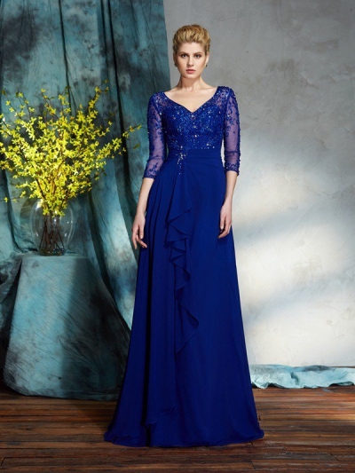 A-Line/Princess V-neck Sequin 3/4 Sleeves Long Chiffon Mother of the Bride Dresses [60453]