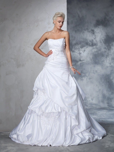 Ball Gown Strapless Applique Sleeveless Long Satin Wedding Dresses [60653]