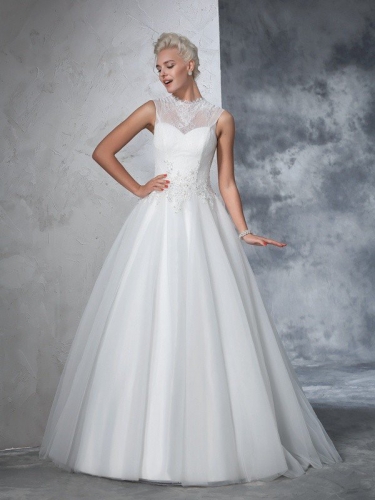 Ball Gown High Neck Applique Sleeveless Long Net Wedding Dresses