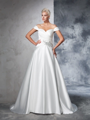 Ball Gown Off-the-Shoulder Ruched Sleeveless Long Taffeta Wedding Dresses