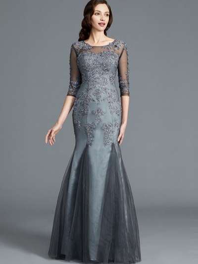 Sheath/Column Scoop Applique 1/2 Sleeves Tulle Floor-Length Mother of the Bride Dresses [73005]