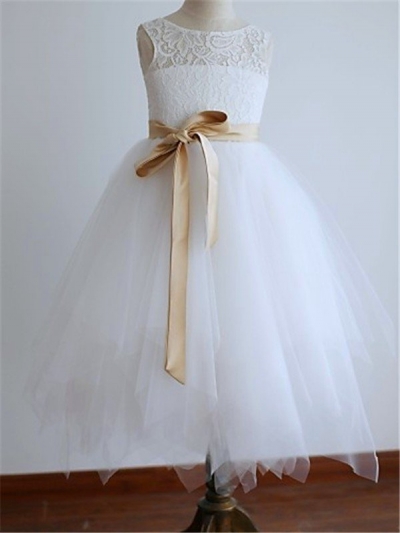 A-line/Princess Scoop Sleeveless Sash/Ribbon/Belt Floor-Length Tulle Flower Girl Dresses [EL1605524]