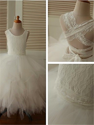 Ball Gown Scoop Sleeveless Lace Floor-Length Organza Flower Girl Dresses