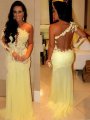 Sheath/Column One-Shoulder Applique Long Sleeves Sweep/Brush Train Chiffon Dresses