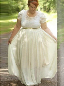 A-Line/Princess Scoop Short Sleeves Lace Floor-Length Chiffon Plus Size Dresses