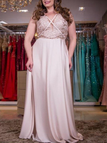 A-Line/Princess V-neck Sleeveless Applique Floor-Length Elastic Woven Satin Plus Size Dresses