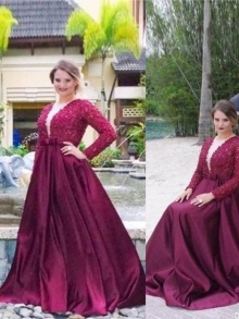 A-Line/Princess V-neck Long Sleeves Beading Sweep/Brush Train Satin Plus Size Dresses