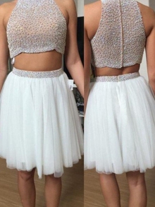 A-Line/Princess Sleeveless High Neck Tulle Beading Short/Mini Two Piece Dresses