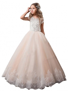 Ball Gown V-neck Short Sleeves Lace Floor-Length Tulle Flower Girl Dresses