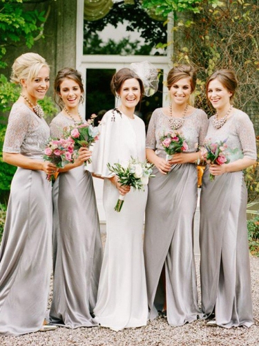 A-Line/Princess Scoop 1/2 Sleeves Floor-Length Satin Bridesmaid Dresses