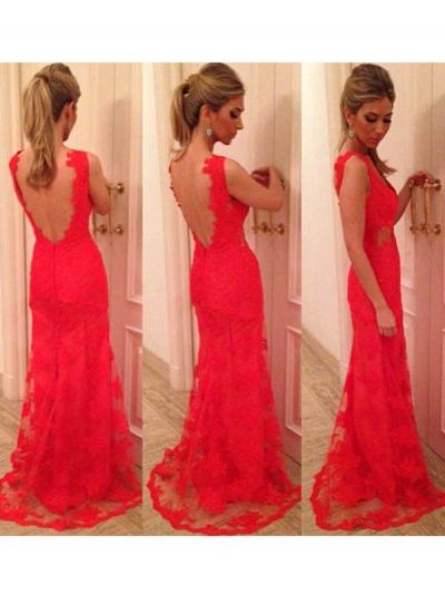 Trumpet/Mermaid V-neck Applique Sleeveless Lace Backless Floor-length Dress [WDNBN00755]