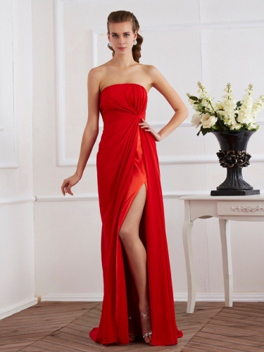 Sheath/Column Strapless Sleeveless Pleats Long Chiffon Dresses